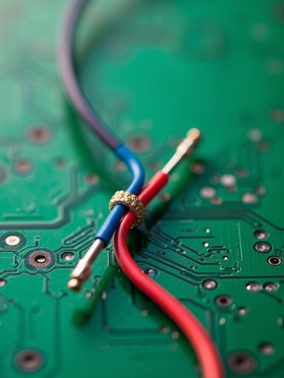Twisted red and blue wires on top of a green printed circuit board (PCB).