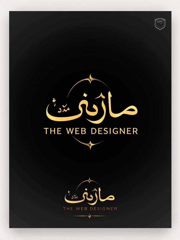 Elegant luxurious logo for brand name written in Arabic calligraphy. Includes text 'The Web Designer' below. Features flowing gold lettering. Incorporates subtle crescent moon and star. Set against a deep black background.