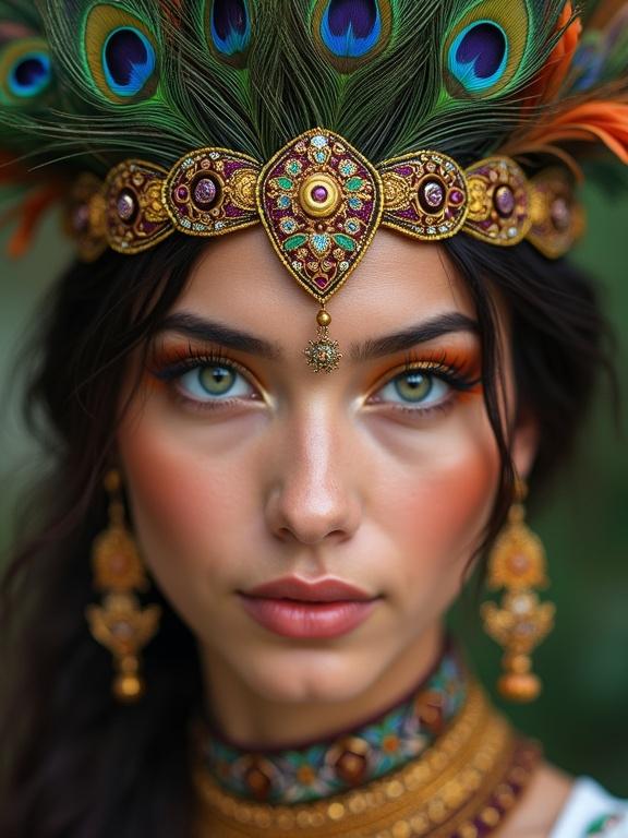 Close-up of a woman with peacock feather hairpiece and plants. Green, purple, and orange hues weave through traditional patterns. Bright orange eyeshadow enhances her folkloric beauty. Complex irises are captivating.