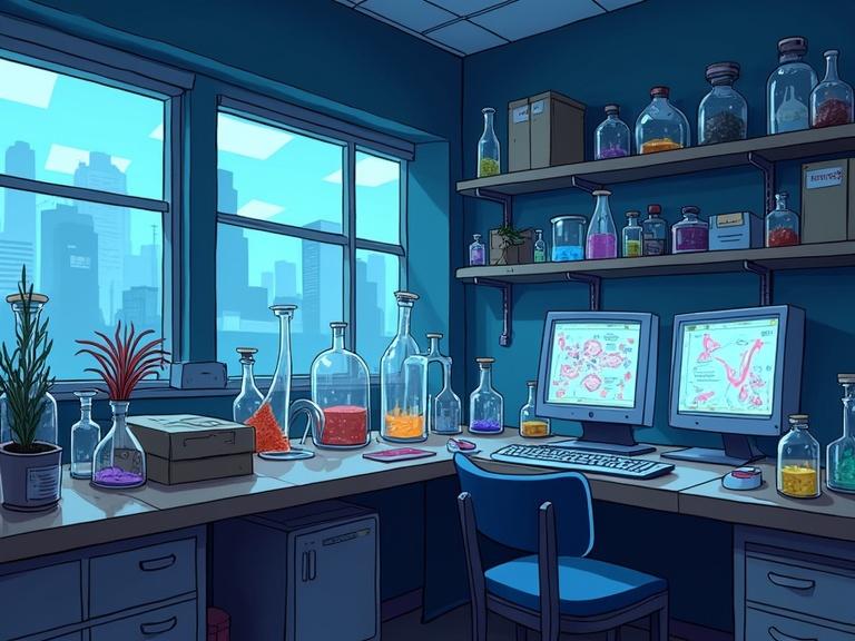 A modern science laboratory showcasing a cluttered workspace. Glass beakers with bubbling chemicals. Computer monitors displaying genetic sequences. Pizza boxes in a corner. Test subjects under glass domes. Low blue lighting. Cel-shaded painterly 3D anime style.