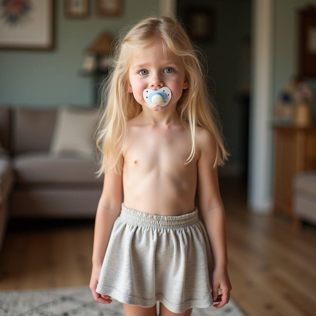 Young girl with long blond hair and blue eyes wearing a miniskirt stands in her grandmother's house. She has a pacifier in her mouth. The atmosphere is cozy and warm. The room is furnished with a couch and wooden furniture.