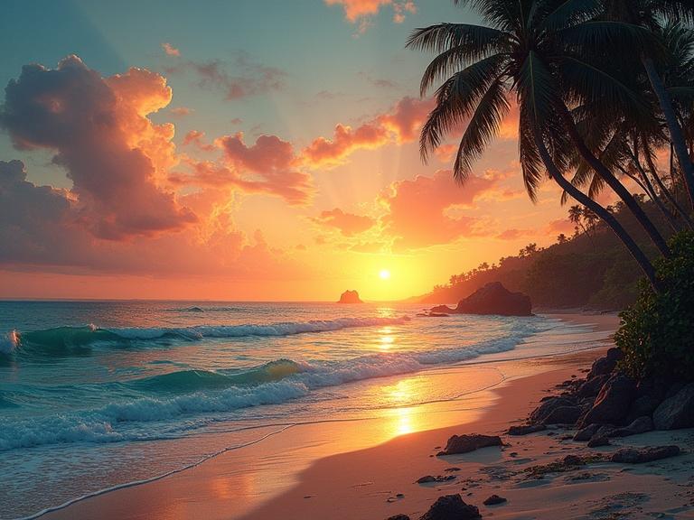 Photography of a sunset beach scenery with surf and palm trees beside turquoise water
