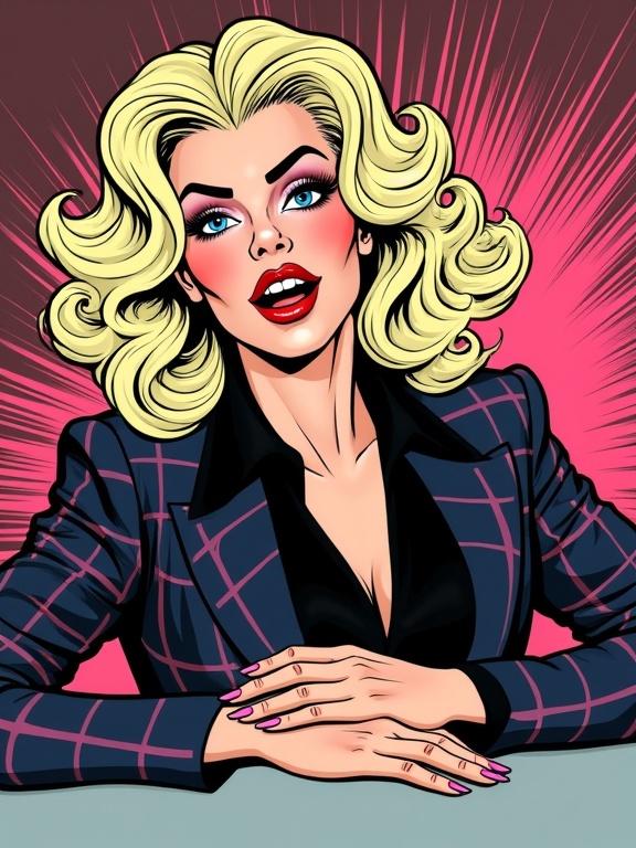 Close-up portrait of a drag queen with voluminous blonde curly hair styled high. Illustrated in vibrant American comic book style. Features blend masculine and feminine characteristics. Surprised expression with wide eyes and thick eyeliner. Bright smile with angular jaw and rosy blush. Wearing black collared shirt under dark plaid blazer. Long, manicured fingernails on gray surface. Right hand over chest. Background has pop art gradient with dynamic speed lines and starburst effect.