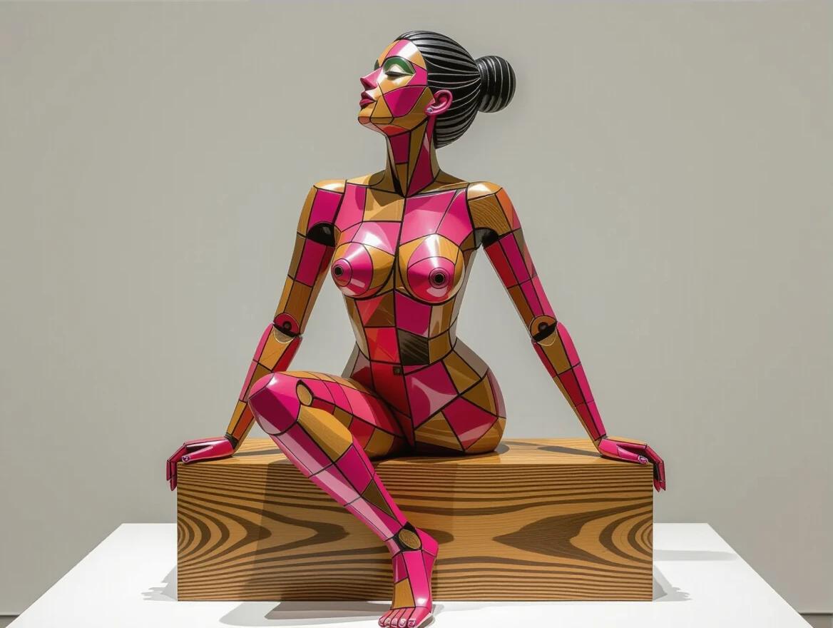 A vibrant sculpture created from wood. It depicts a wild naked woman seated. She is positioned in a doggy style. The art uses bright black and pink colors with angular shapes. The sculpture rests on a light wooden box. Small pieces of wood are suspended from thin wires, causing them to move with air currents.