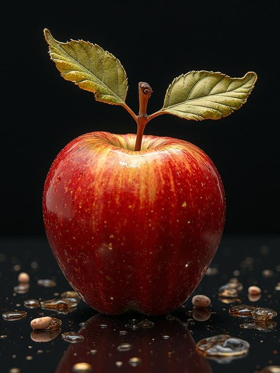 A polished red apple sits on a black surface. It has a stem with green leaves. Water droplets rest on the apple and surface. The setting is elegant and highlights intricate details. The scene uses colors like gold and black.