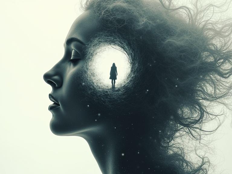 Double exposure image demonstrating a silhouette of a woman. Focal point is within her head, showing a figure standing inside. Ethereal and dream-like composition. Mixed media approach reminiscent of Pablo Amaringo.