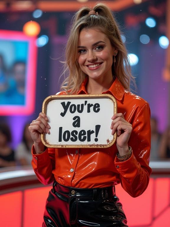 Photo depicts mischievous woman with playful smirk. She wears vibrant, wet latex long sleeves shirt. She holds a sign that says, 'You're a loser!' The setting is a chaotic, brightly lit TV studio during a game show. The atmosphere is funny and absurd.