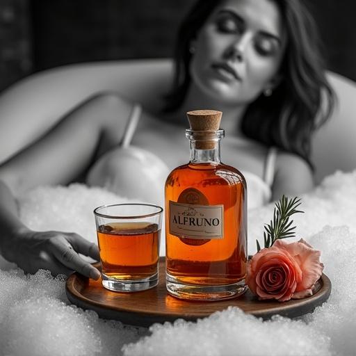 A captivating selective color art piece shows a shimmering golden-reddish bottle on a wooden plate. A beautiful lady reclines in a bubble bath. Soap bubbles surround her. The bottle shines with a cork lid. Two cocktail glasses with the same drink sit beside the bottle. Roses and rosemary add natural accents.