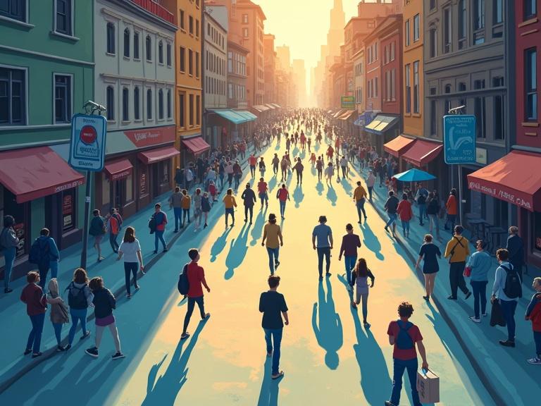 Image taken from above at an inclined angle showing shadows behind people in a bustling city. Cartoonish style with muted colors except for the shadows.