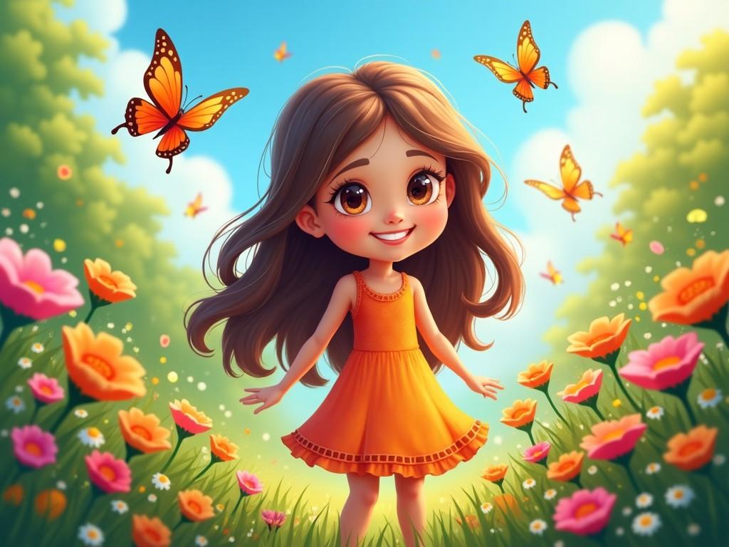 A cute girl with a bright smile stands in a sunny garden, wearing a colorful dress. She has long, flowing hair and is surrounded by butterflies that enhance the cheerful atmosphere. The garden is filled with vibrant flowers, creating a lively scene. In the background, there's a clear blue sky and lush green plants. This image exudes joy and whimsy, perfect for children's illustrations.