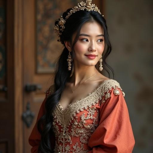 Asian lady wearing a highly decorative medieval dress with elaborate details. Long black hair styled elegantly. Soft lighting enhances her graceful appearance.