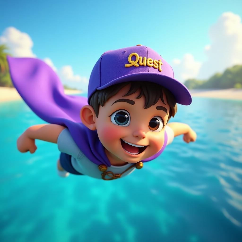 A boy flies joyfully over the Caribbean Sea wearing a purple cape. He has a baseball cap with the word Quest in gold embroidery. The setting is bright and tropical.