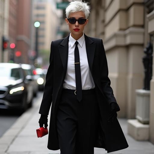 Savannah walks confidently in a city. She has short, spiky white hair and hazel eyes. She wears a long black coat over wide-leg trousers and a white shirt with a black tie. Black gloves and pointed-toe shoes complete her outfit. She has red lipstick and carries a small red purse. The city sidewalk and architectural details are visible in the background.