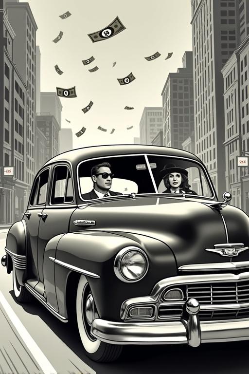 Man and woman in 1950s business attire in a classic sedan. Dollar bills flying out the window. Cityscape background. Comic style. Limited CMYK color palette.
