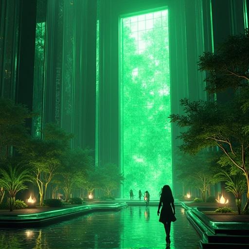 Anime inspired image showcasing a futuristic and oversized building with a luxurious interior. Features an emerald green and black theme. A modern Chinese garden is visible through a large window. It is noon and employees in edgy outfits walk around the main floor.