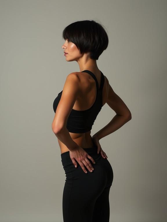 Woman with short hair looks back over shoulder. Wearing a tank top and leggings. Hands on hips. Side view of the body.