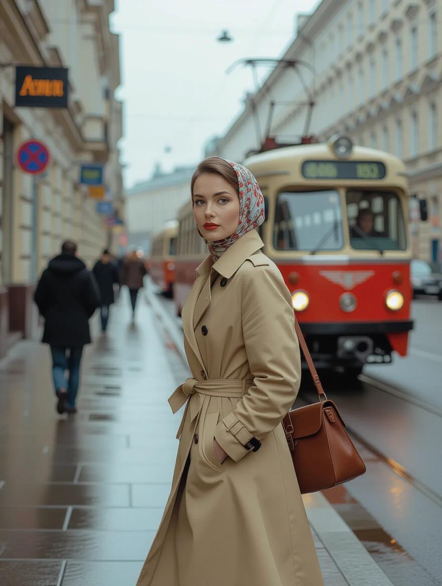 Ultra photographic realism with a beautiful woman walking on a wet sidewalk in Moscow. Captured in 1975, she dresses in fashionable 1970s style. The image features a moving Tatra tram in the background. Soft daylight creates a moody atmosphere. The scene includes urban elements like vintage street lamps and Cyrillic signs.