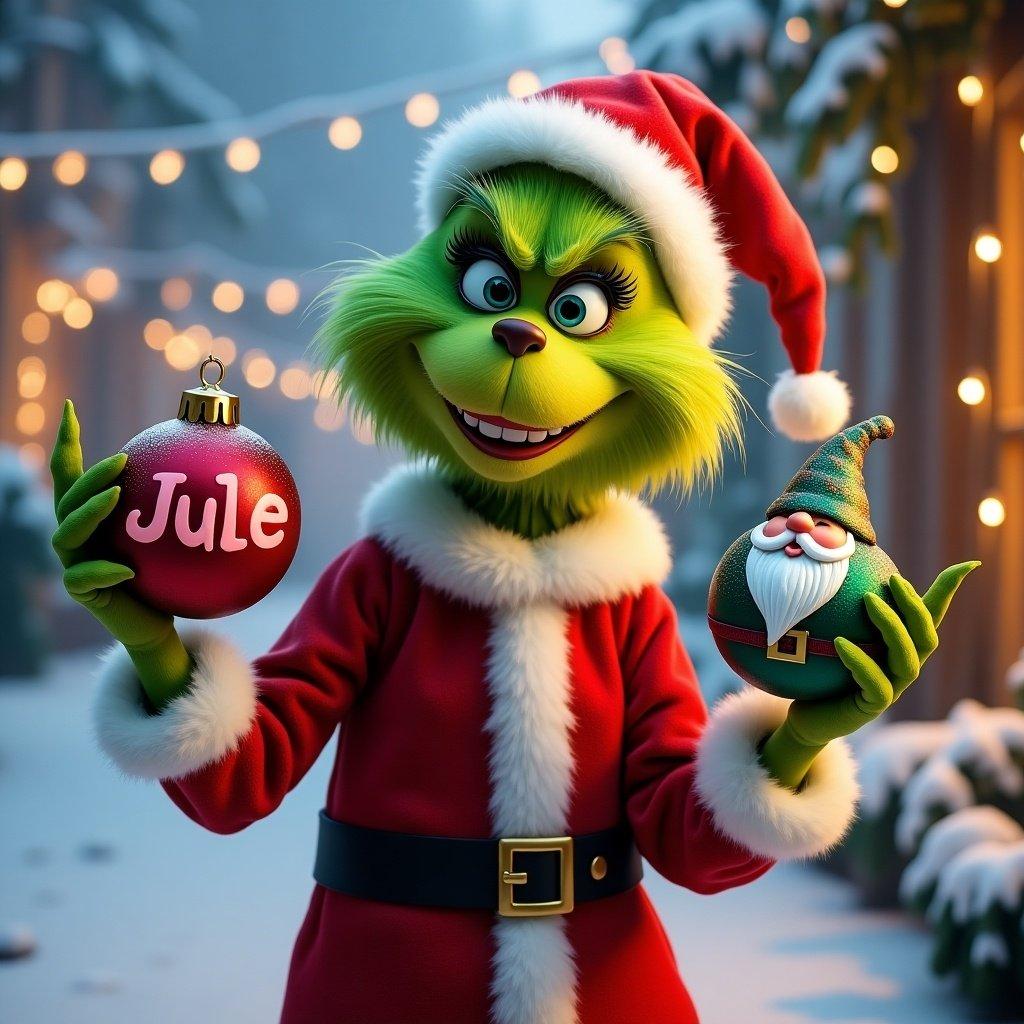 Grinch character in a Santa suit holds Christmas ornaments. One ornament is red with the name Jule written in pink. The second ornament is green with a gnome. Snowy background with Christmas lights on trees. Cheerful and festive setting.