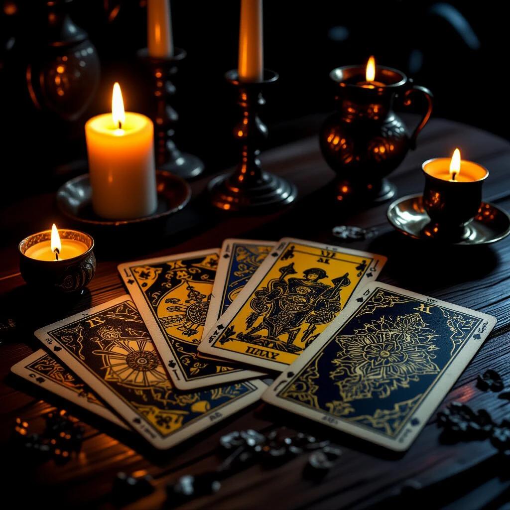 Image features tarot cards with a dark and mysterious appearance. Cards are illuminated against a black background. A table displays candles and incense on one side. Cards are arranged in a fan shape. Professional and realistic 4K quality with a mystical aesthetic.