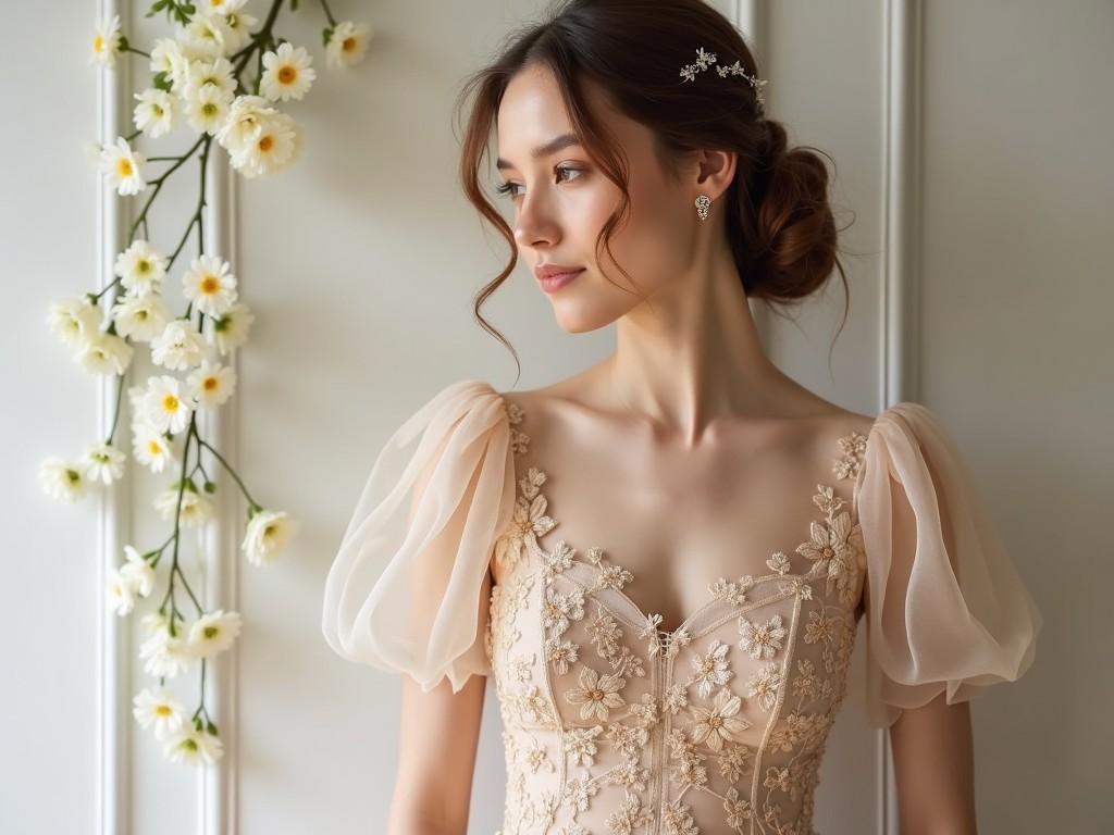 The image showcases a breathtaking couture dress that embodies a spring theme without being overly extravagant. The dress features delicate floral embroidery and soft puff sleeves, creating a romantic and elegant look. The model is posed against a backdrop of soft flowers, enhancing the dress's springtime vibe. Natural light adds a gentle glow, emphasizing the intricate details of the gown. This imagery is perfect for promoting spring bridal collections or elegant evening wear.