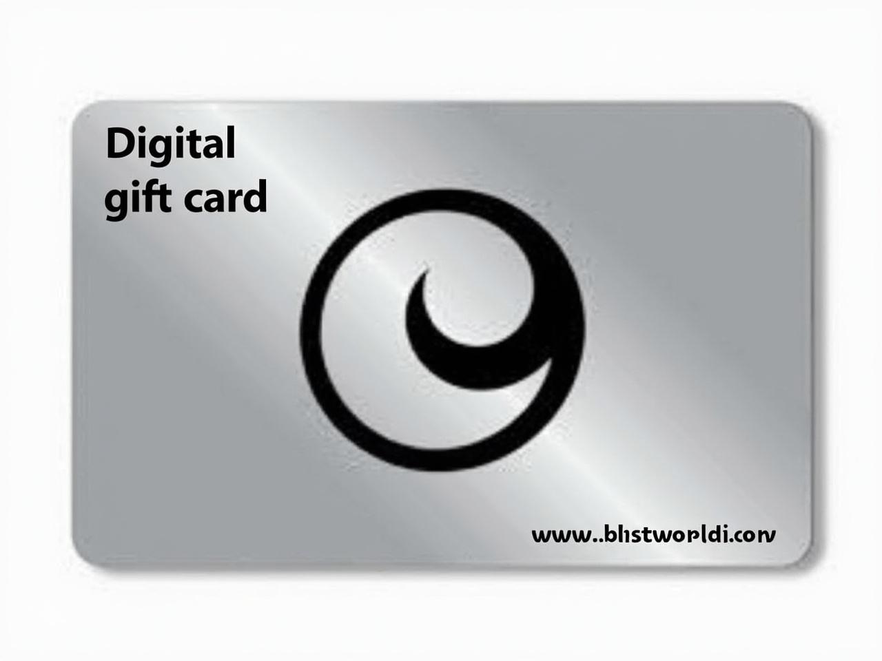 The image features a digital gift card design. The card has a shiny silver background. In the center, there is a black swirl logo. The words 'Digital' and 'gift card' are positioned at the top left and bottom left corners, respectively. Additionally, the website link 'blstworld.com' is displayed in the bottom right corner. Overall, the design is simple and modern.