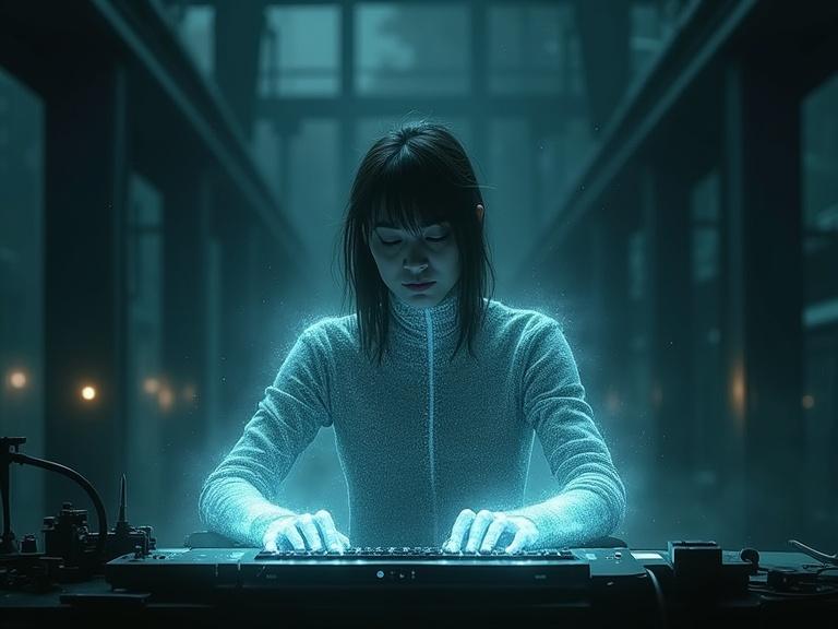 Illustrate a haunting, atmospheric scene of a person immersed in work at a desk. Figure seated at a control panel with hands on the surface. Surrounding aura glows, creating a halo effect. Background dark and industrial with blurred shapes. Contrast between bright figure and muted surroundings. Use soft lighting to enhance the halo. Hands detailed in interaction. Mood evokes solitude and focus. Glowing symbolizes creativity and connection to digital world.