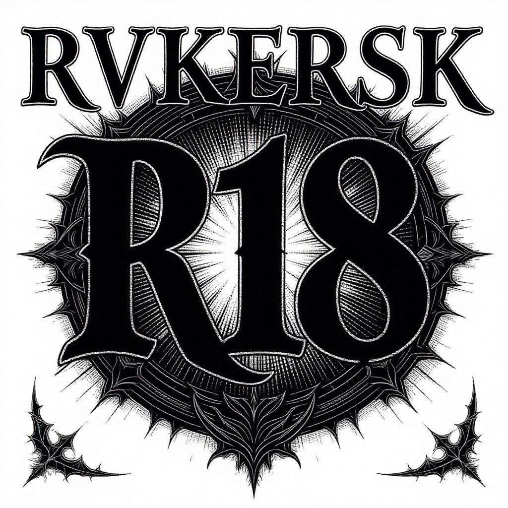 Image features R18 content warning symbol styled like EVKERSK logo. Dark, sharp aesthetic with white background. Prominent 'R18' at the top in bold font. Text 'ADULT ONLY' below. Smaller text 'ADULTS ONLY' at the bottom. Clean rectangular shape with stylized edges. Subtle gothic star or diamond shapes around text.
