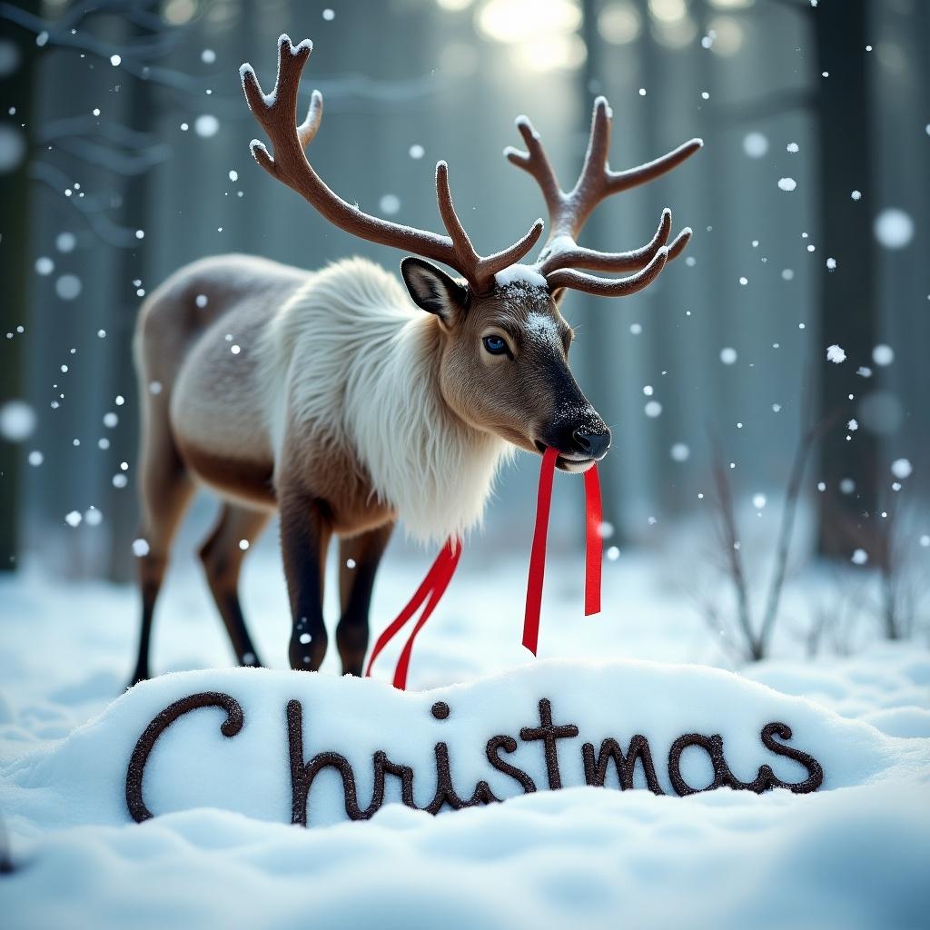 Reindeer in a snowy forest. He writes 'Christmas' in the snow with a red ribbon in his mouth. Snowflakes fall gently around. Magical winter atmosphere capturing Christmas essence.