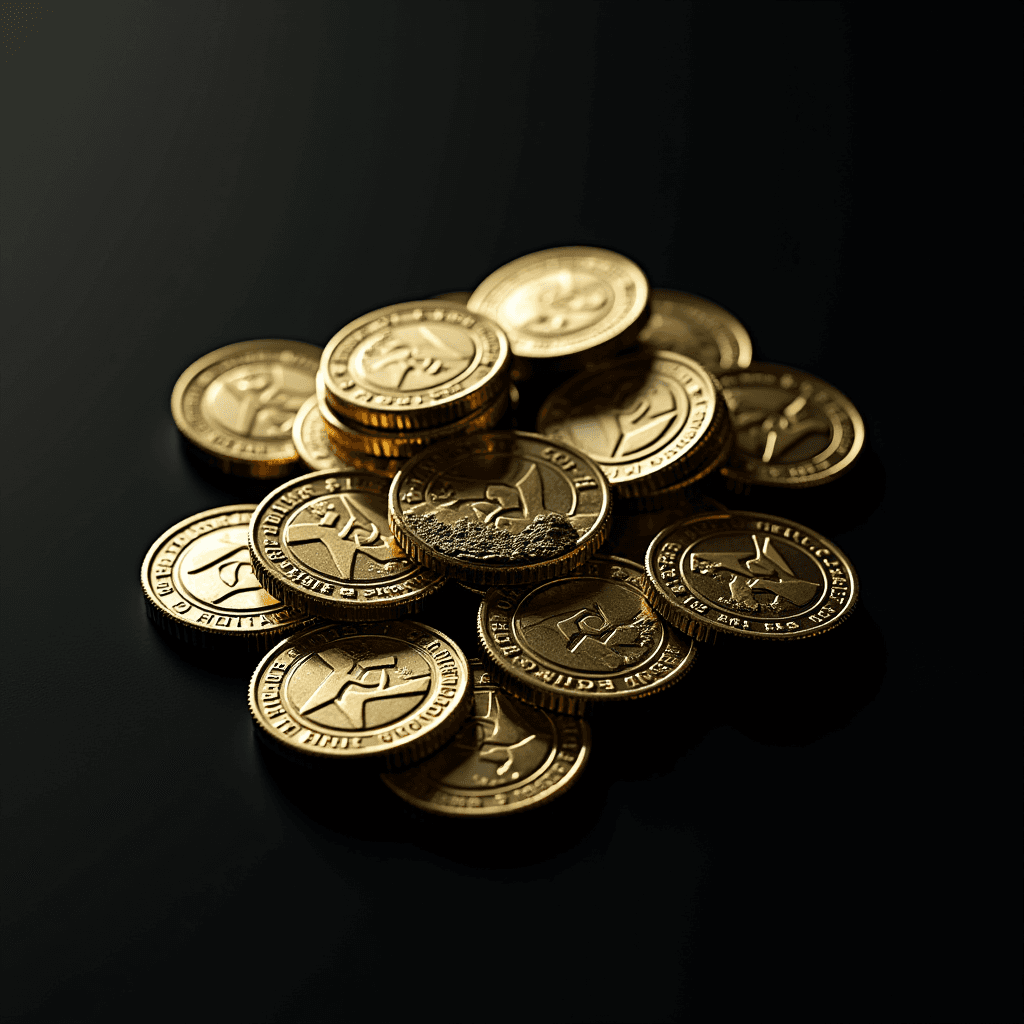 A close-up of a scattered pile of shiny, metallic coins engraved with symbols, resembling digital currency, set against a dark background.