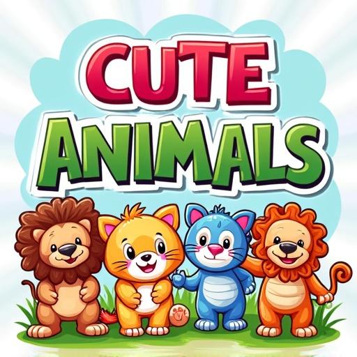 A vibrant playful cover design for a children's coloring book. Title: 'CUTE ANIMALS COLORING BOOK FOR KIDS'. Bold fun colorful bubble letters. Style is kid-friendly 2D vector art. Clean eye-catching design for young children.