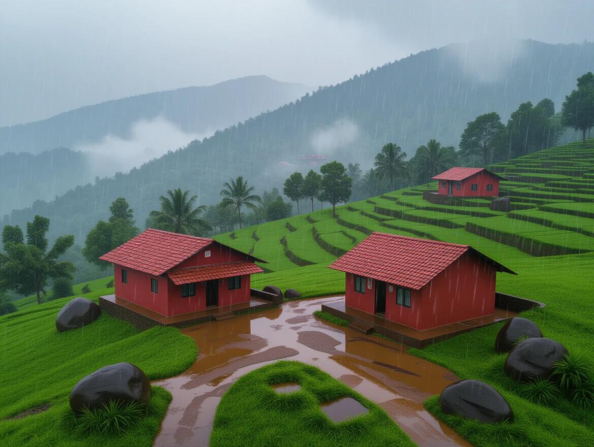 Photorealistic image of misty rural mountain area in Sahyadri Maharashtra during heavy rain. Two small red-tiled village houses are surrounded by thick green grass. Large slippery rocks accentuate the ground. The atmosphere is heavy with rain falling hard.