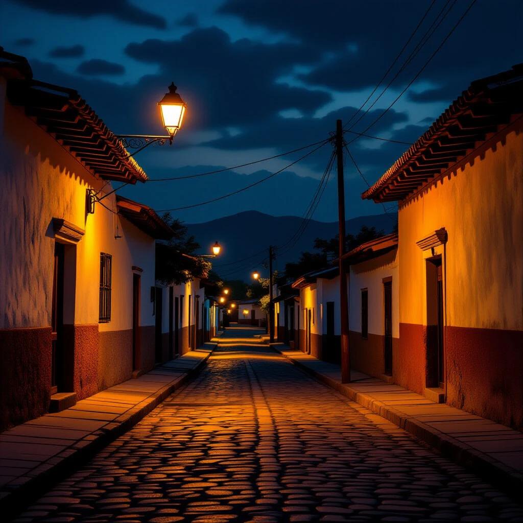 Rural street in Mexico at night with dim streetlights. The scene shows rustic houses with textured walls along a cobblestone road. Deep shadows are present with warm lighting illuminating the surroundings. The style is realistic and highly detailed.
