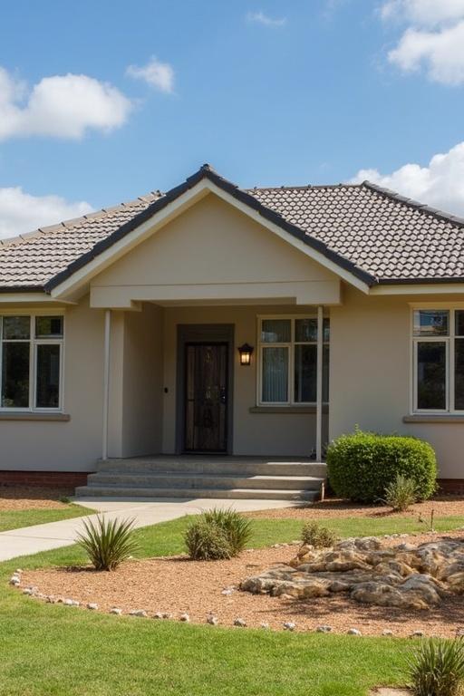 A modern house with a tiled roof and attractive entrance. A well-maintained garden with grass and decorative rocks. Bright sunny day.