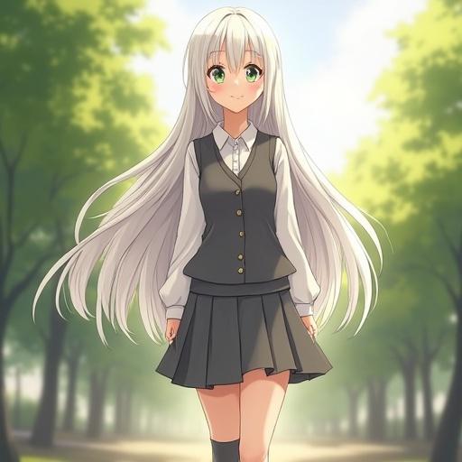 Render a character in anime style A woman aged 22 with a gorgeous face and green eyes Long straight white hair to the back Nice legs wearing a university uniform Grey sweater vest White button down shirt tucked in matching pleated skirt Knee high socks with ankle boots Showing a small smile Soft morning light on hair
