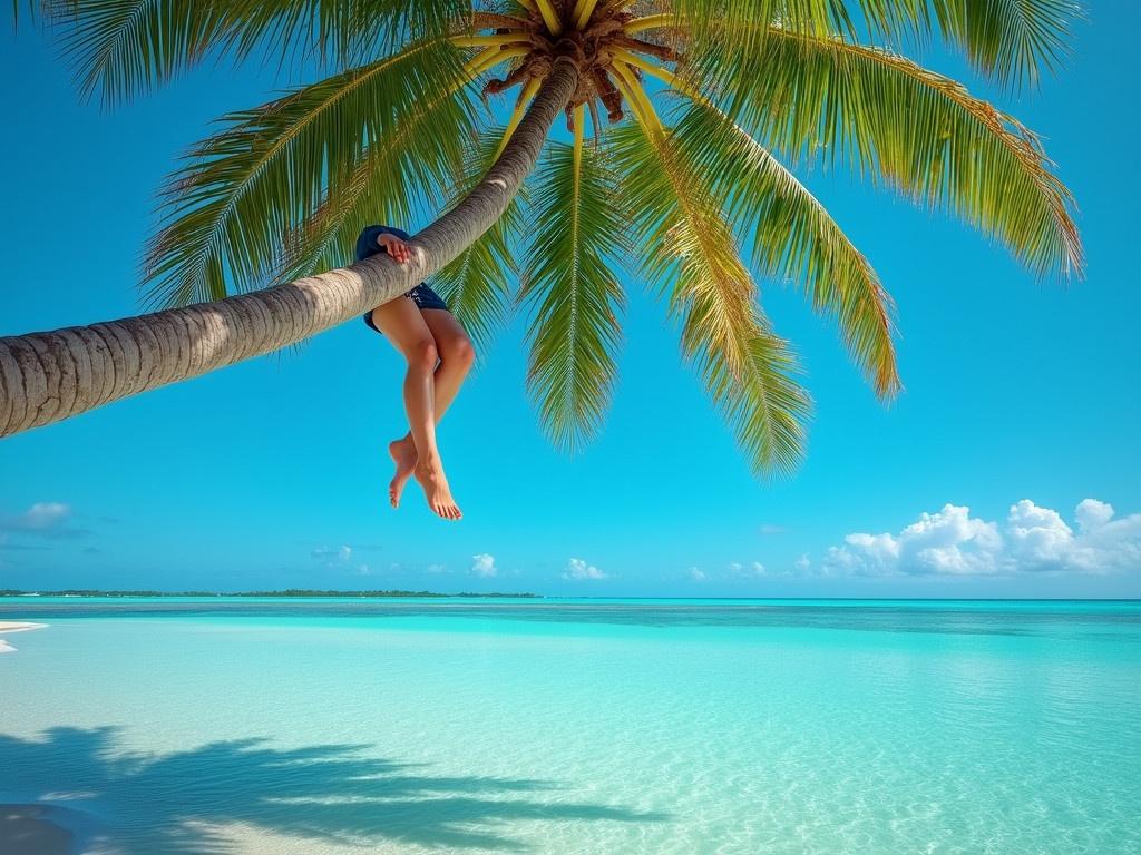 The image depicts a pair of legs and feet dangling from a curved palm tree that stretches out over a clear, turquoise ocean. The sky is a bright blue with no clouds, and the palm tree has lush green fronds. The setting is tropical and peaceful, suggesting an ideal beach getaway. The scene captures a moment of relaxation and tranquility, with the person sitting on the palm tree enjoying the stunning coastal view.