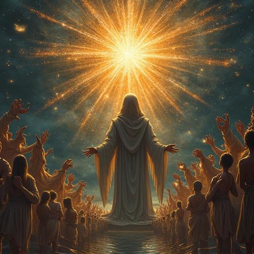 A celestial being stands with outstretched arms radiating light. A crowd of figures gathers below, appearing in awe. The setting evokes a sense of divinity and spirituality.