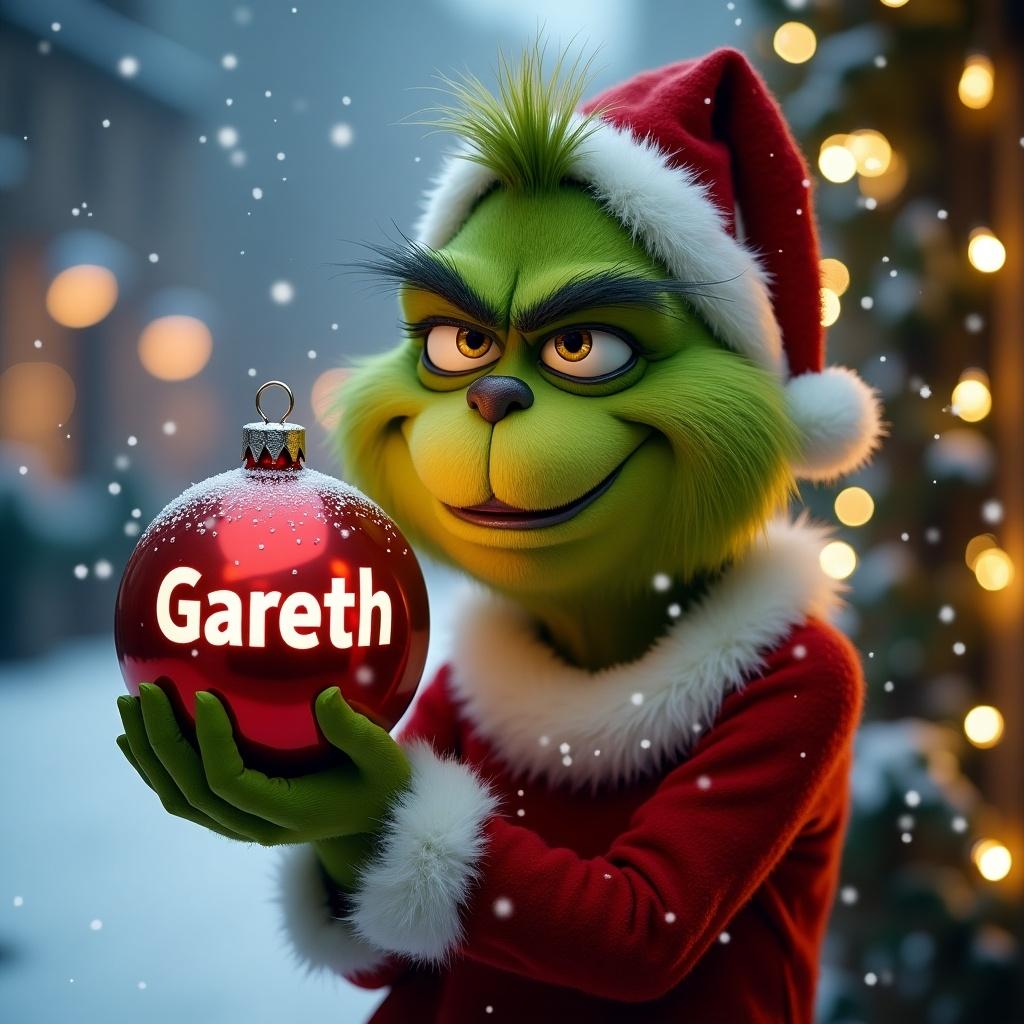 Grinch character holds a Christmas bauble with a name. Background is snowy and decorated with Christmas lights. Seasonal theme evokes holiday cheer.