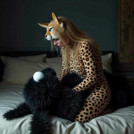 A blonde woman in a cheetah costume playfully wrestles with a large black bunny puppet on a bed. Woman shows an angry expression and blue eyes, positioned slightly left. Black puppet lies on the bed, slightly right of center. The interaction between them is the focal point.