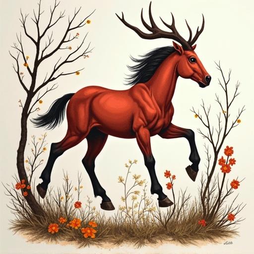 Cartel de una exposición de dibujo con un dibujo de un caballo estilizado en colores vivos. Sombras de ramas y flores en el fondo.