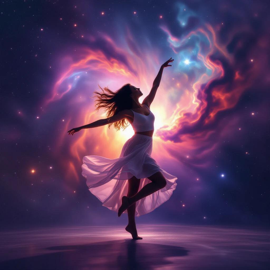 A woman dances gracefully. She is silhouetted against a colorful nebula. The nebula has vibrant colors like purple, blue, and pink. The scene captures a magical and ethereal ambiance.