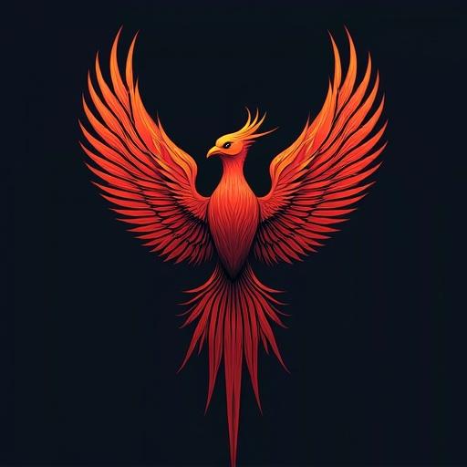 Create a logo featuring a stylized phoenix in vibrant reds and oranges. Incorporate futuristic fonts for the company name Vermillion Bird Productions.