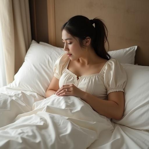 Ultra realistic image of a young woman with a cute face and cheerful expression lying on a large rectangular soft mattress. The mattress has a luxe latex texture with neutral-toned cotton sheets. A thick clean white duvet is present. The woman hugs a large cylindrical skincare product resembling Y.O.U Golden Age Deep Cleansing Facial Wash. She wears a short feminine nightgown in neutral tones with a small bow and lace at the sleeves and skirt. The bedroom is modern and minimalist with natural light coming from a large window, white linen curtains, and neutral painted walls. Wooden flooring and a round neutral-colored faux fur rug, unique small pillows nearby, and a modern vanity with a glass top. A standing lamp resembling a makeup brush is in the corner.