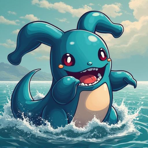 Illustration of a character resembling a water Pokemon. Character has a blue body with large round eyes and a happy smile. Water splashes around character which is depicted mid-jump in an ocean scene.