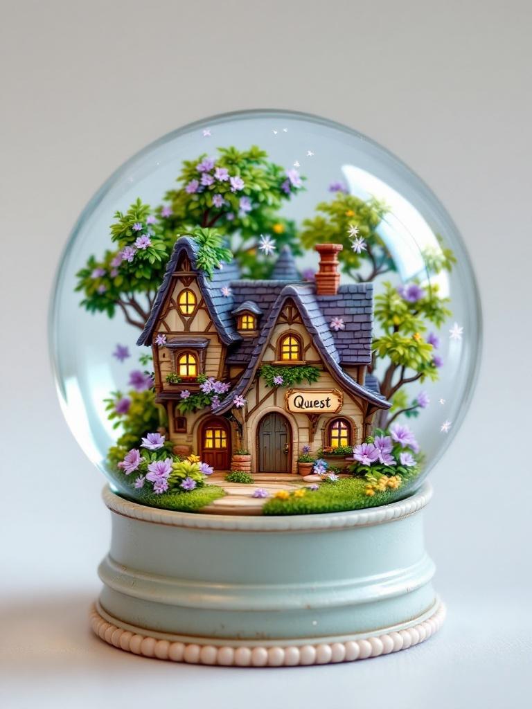 Enchanting summer-themed snow globe showcases whimsical house. House nested among lush trees. Charming architecture with inviting windows. Warm color palette used. Delicate purple flowers swirl inside globe. Sign reads 'Quest' at entrance designed to blend with surroundings. Elegant base keeps focus on captivating interior.