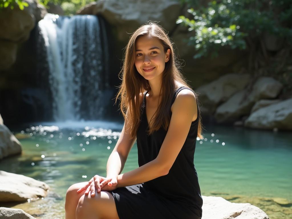 The image shows a young woman sitting gracefully by a pool of water near a rocky area. She is wearing a simple black dress that complements the serene nature surrounding her. The background features a waterfall cascading down the rocks, creating a peaceful ambiance. The sunlight filters through the trees, casting dappled shadows on the scene. The water appears clear and inviting, hinting at a refreshing natural setting perfect for relaxation and enjoyment.