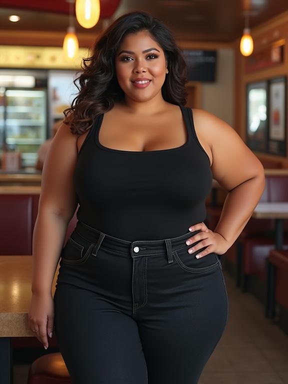 Portrait of a beautiful plus size Latina girl in a fast food environment. She wears a black tank top and black jeans. The image captures her confidence and style in a photorealistic manner.