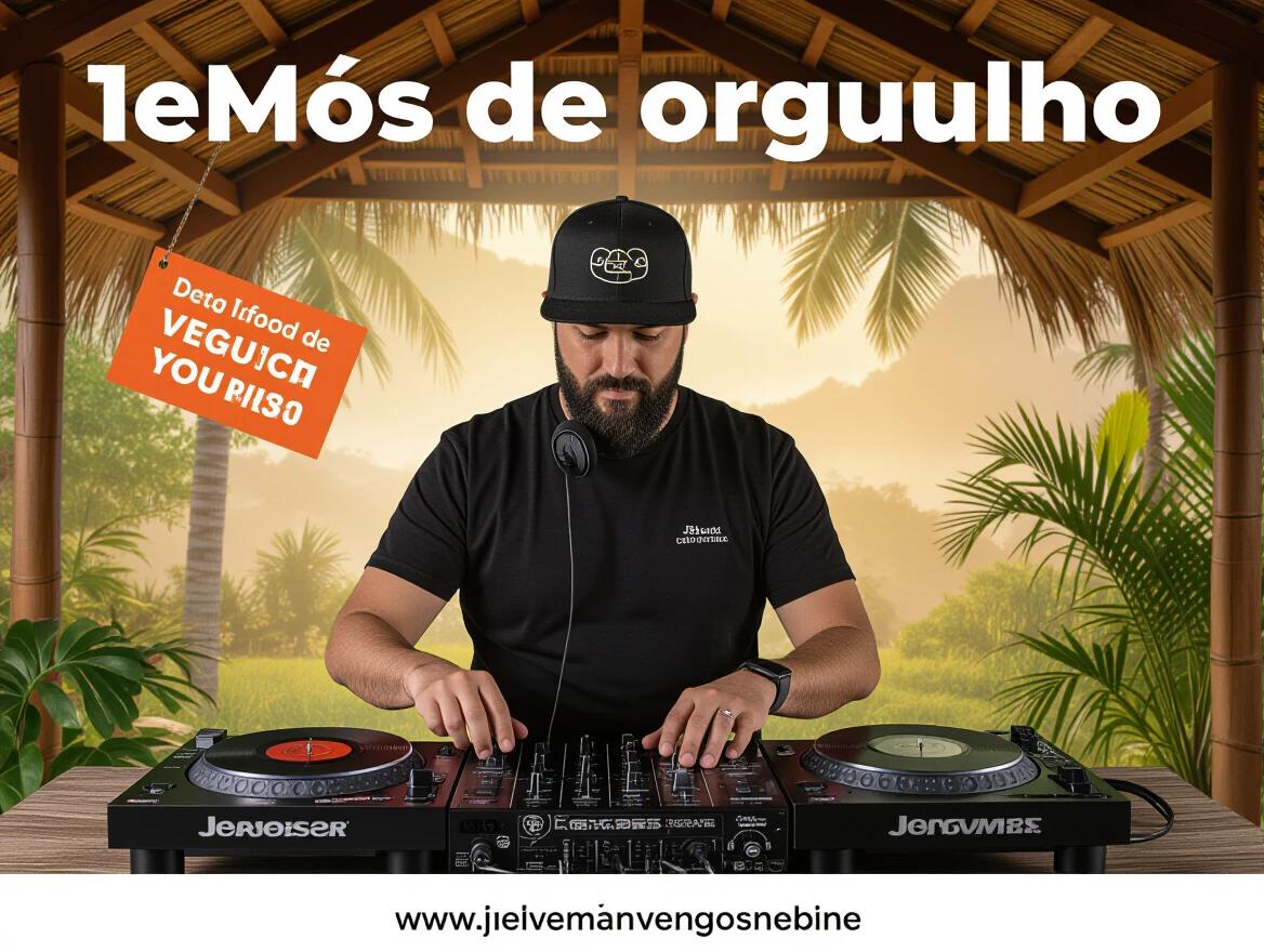 Image for promoting DJ services. Features a DJ operating a sound mixer. Background of tropical plants and a bamboo structure. An ambiance reflecting natural and healthy lifestyle themes.