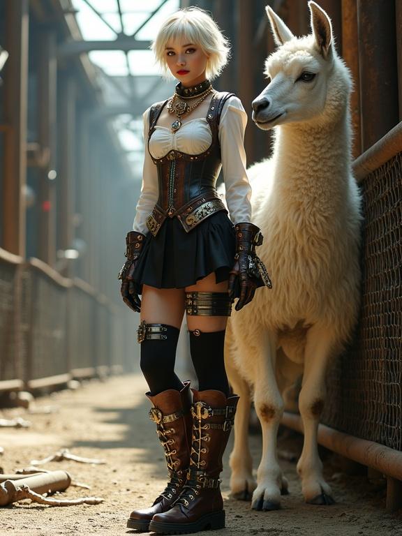 Girl wearing a detailed steampunk outfit stands next to a llama in an industrial setting. Short white hair styled with a golden spiral. Dark makeup emphasizes eyes with red lipstick. Industrial environment features wooden pillars and metal pipes. Soft light penetrates through a roof. Sturdy brown boots and decorative elements of costume highlight steampunk theme.