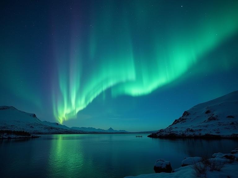 Display of the aurora borealis with vibrant green and blue colors in the night sky over a calm river and snow-covered mountains.