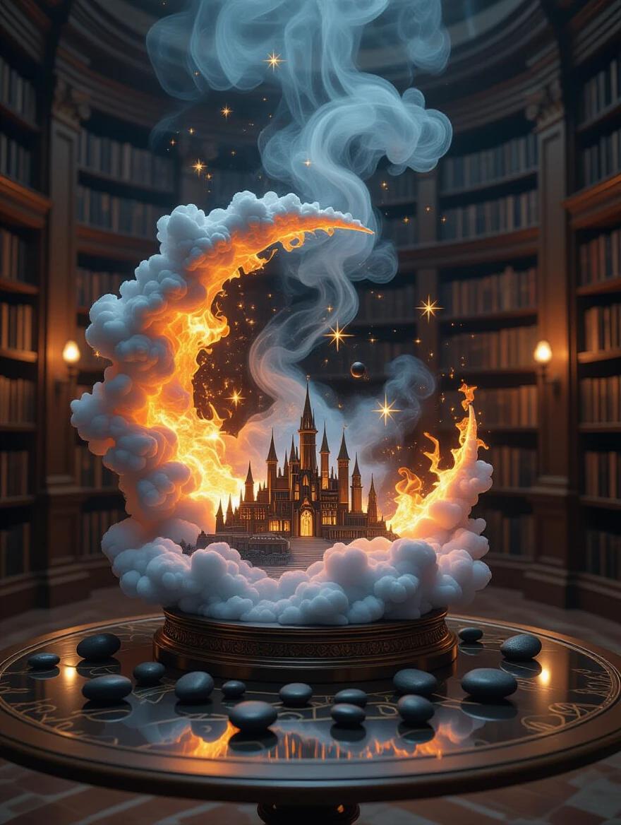 Library with a glass table features a 3D dimensional portal. Thick smoke and fire rise within the portal. Black stones are scattered around. Stars appear in the dark night sky. A crescent moon shape made of clouds and fire houses a mirage city. Flying potions create a magical ambiance. High fantasy art.
